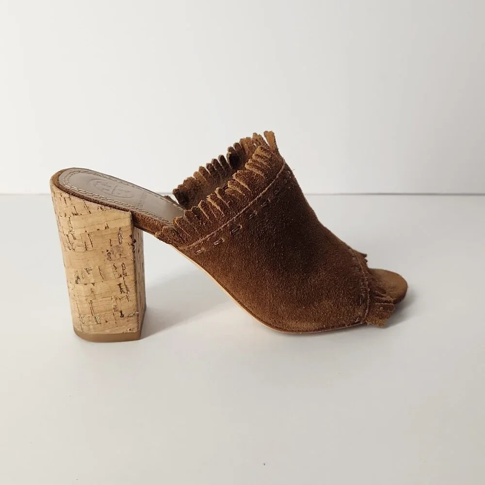 Tory Burch Huntington suede fringe mule sandal cork block heel shoes 5.5 M - Picture 7 of 12